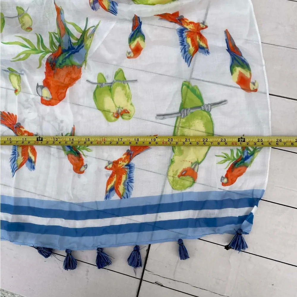 Talbots Vibrant Bird Print Scarf with Blue Accents
